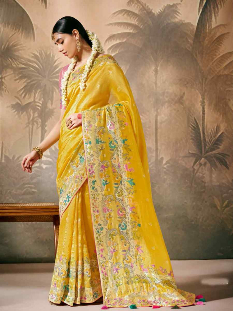 Yellow Munga Silk Embroidered Reception Wedding Heavy Border Saree