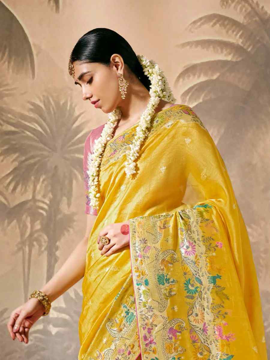 Yellow Munga Silk Embroidered Reception Wedding Heavy Border Saree