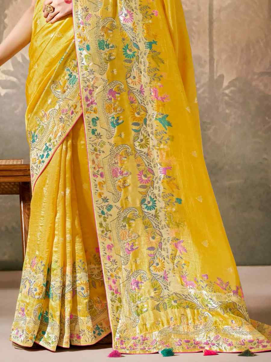 Yellow Munga Silk Embroidered Reception Wedding Heavy Border Saree