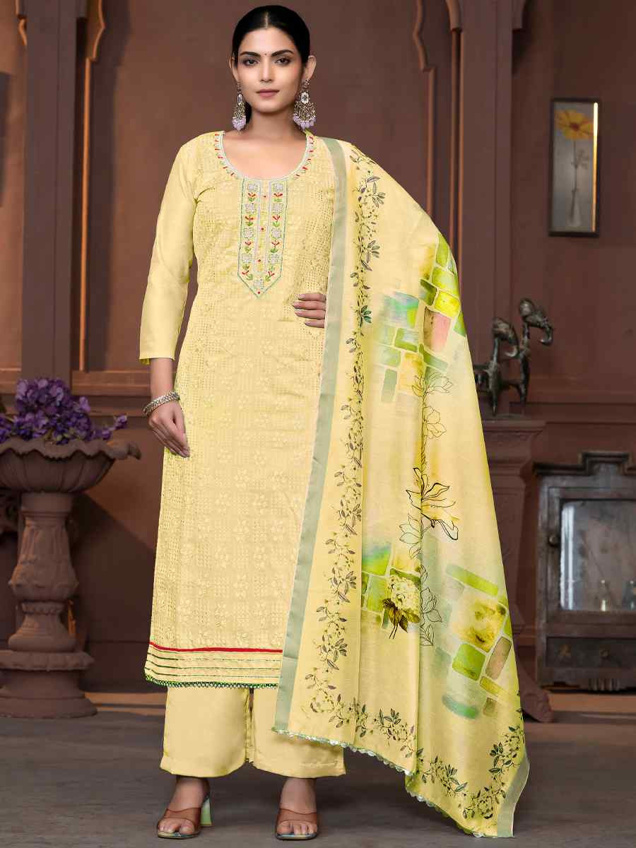 Yellow Muslin Cotton Embroidered Casual Festival Pant Salwar Kameez