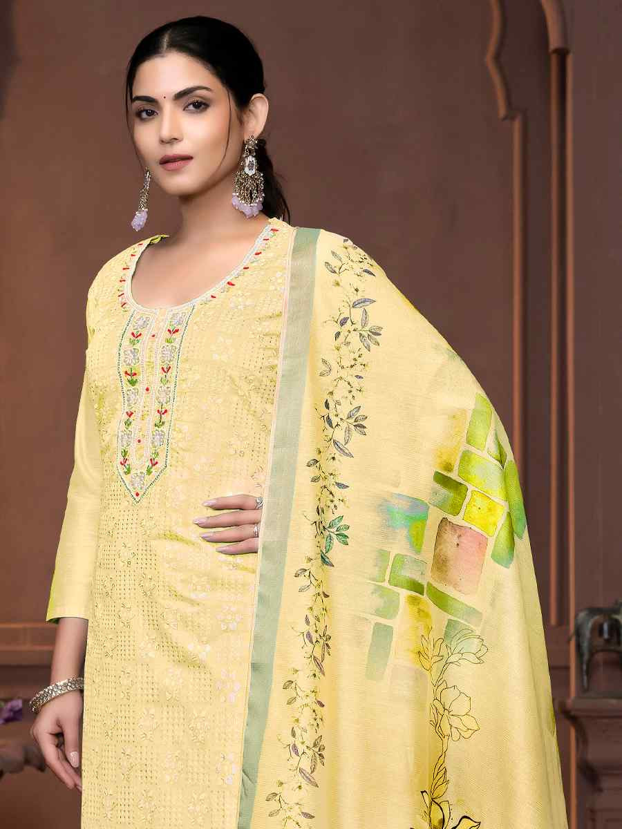 Yellow Muslin Cotton Embroidered Casual Festival Pant Salwar Kameez