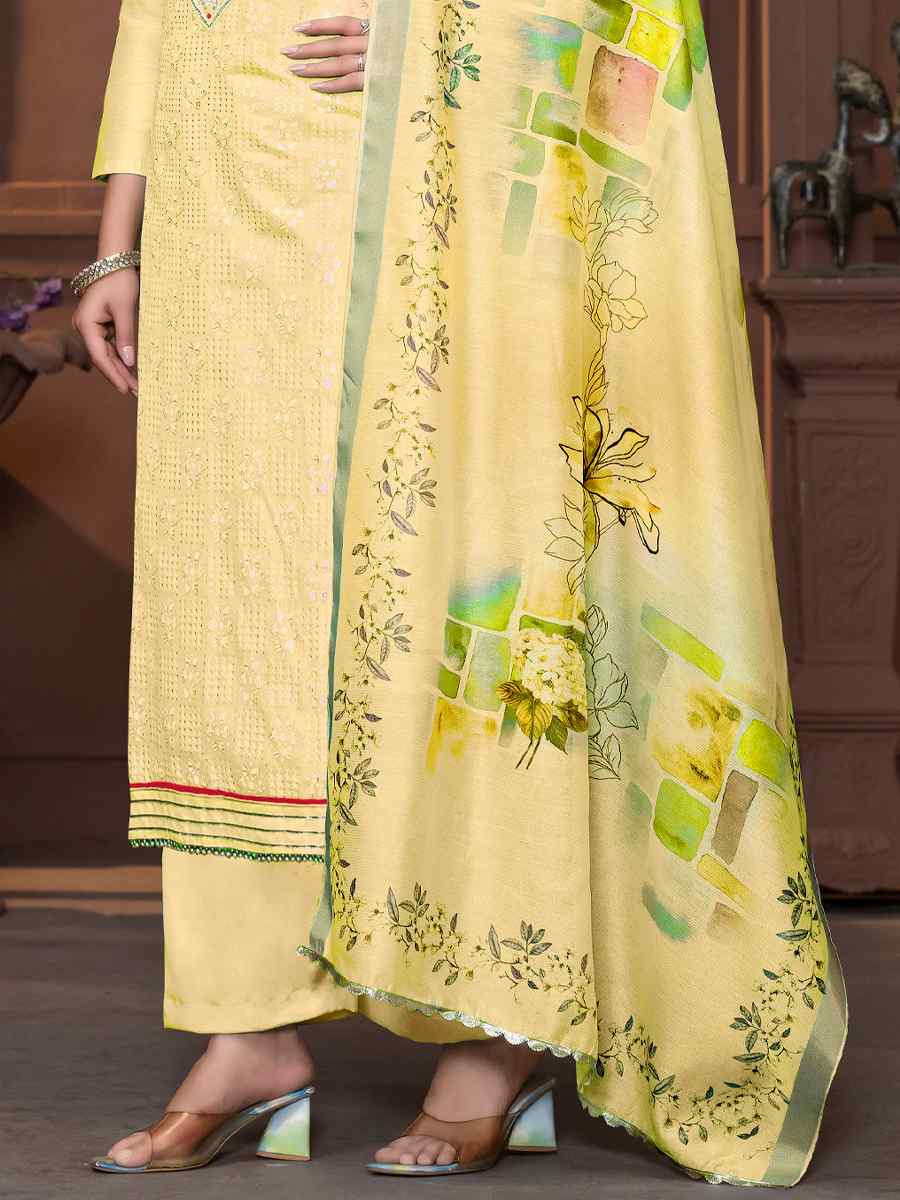 Yellow Muslin Cotton Embroidered Casual Festival Pant Salwar Kameez