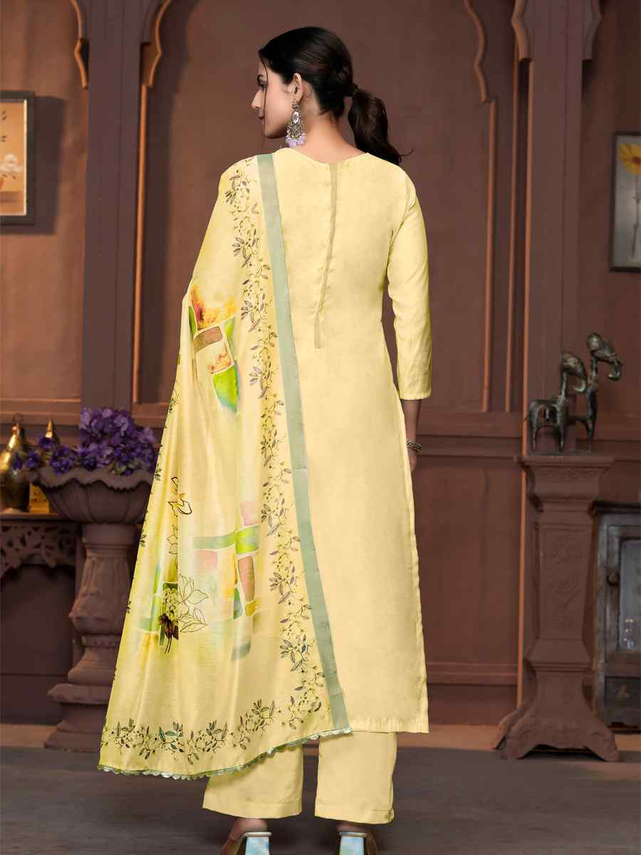 Yellow Muslin Cotton Embroidered Casual Festival Pant Salwar Kameez