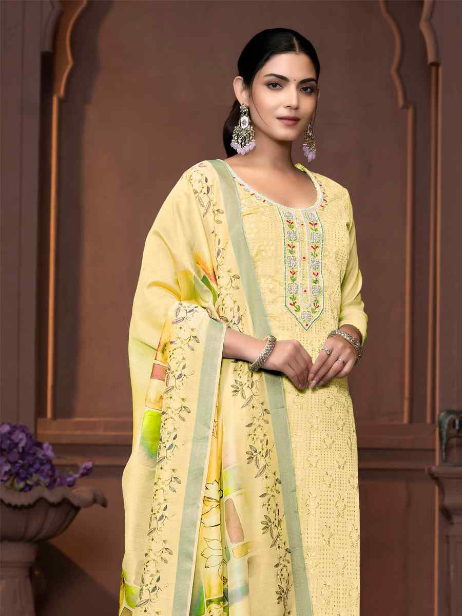 Yellow Muslin Cotton Embroidered Casual Festival Pant Salwar Kameez