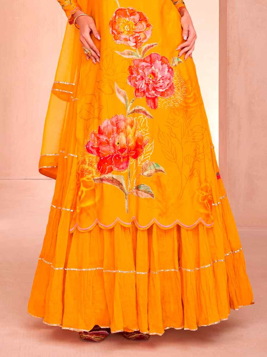 Yellow Muslin Embroidered Festival Casual Sharara Pant Salwar Kameez