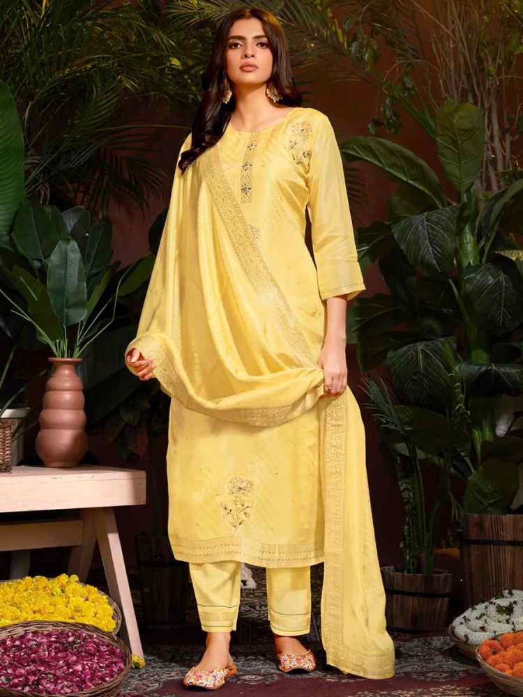 Yellow Natural Viscose Embroidered Festival Mehendi Ready Pant Salwar Kameez