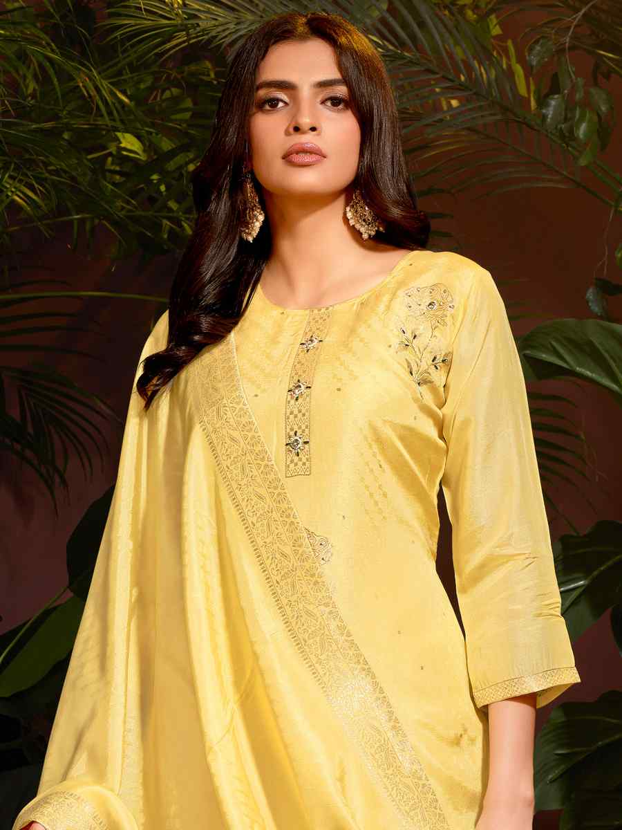 Yellow Natural Viscose Embroidered Festival Mehendi Ready Pant Salwar Kameez