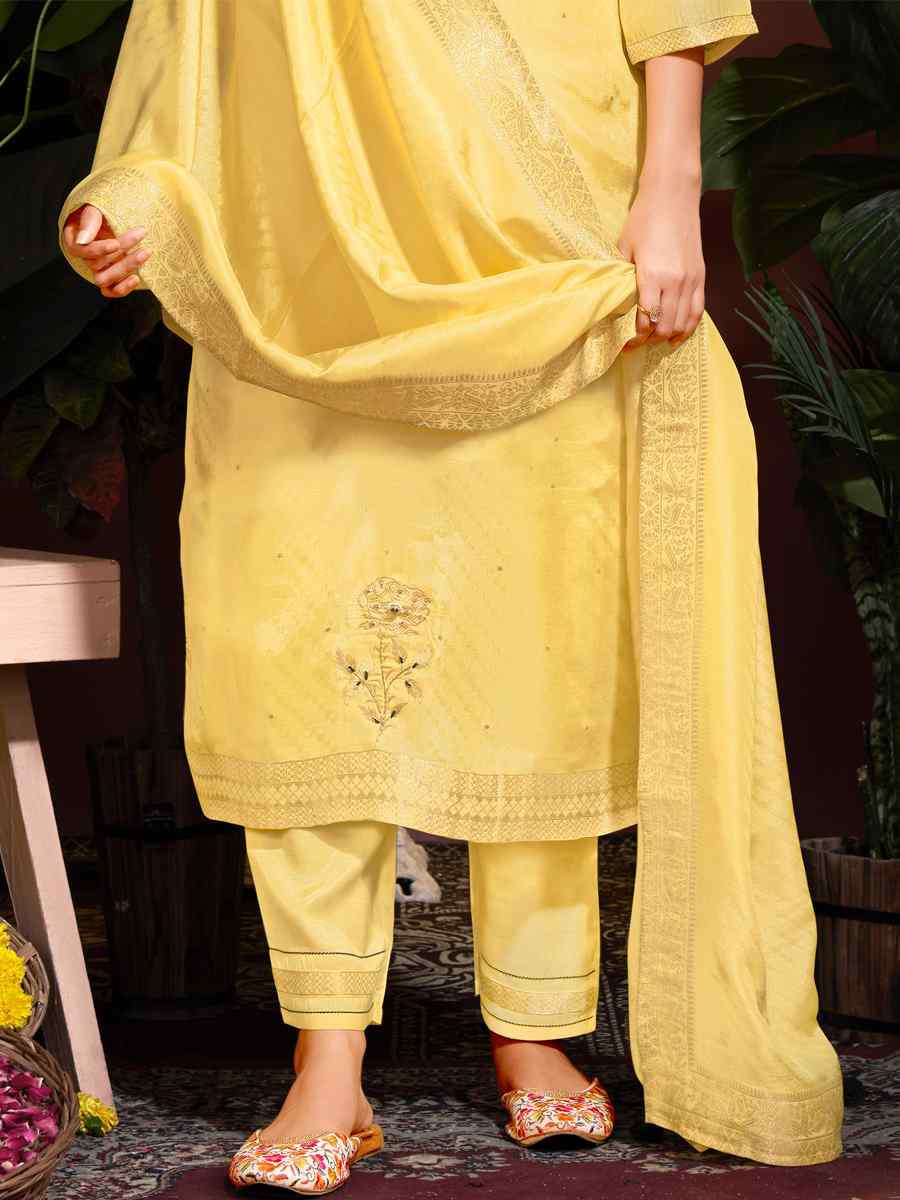 Yellow Natural Viscose Embroidered Festival Mehendi Ready Pant Salwar Kameez