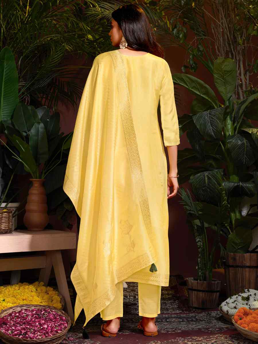 Yellow Natural Viscose Embroidered Festival Mehendi Ready Pant Salwar Kameez