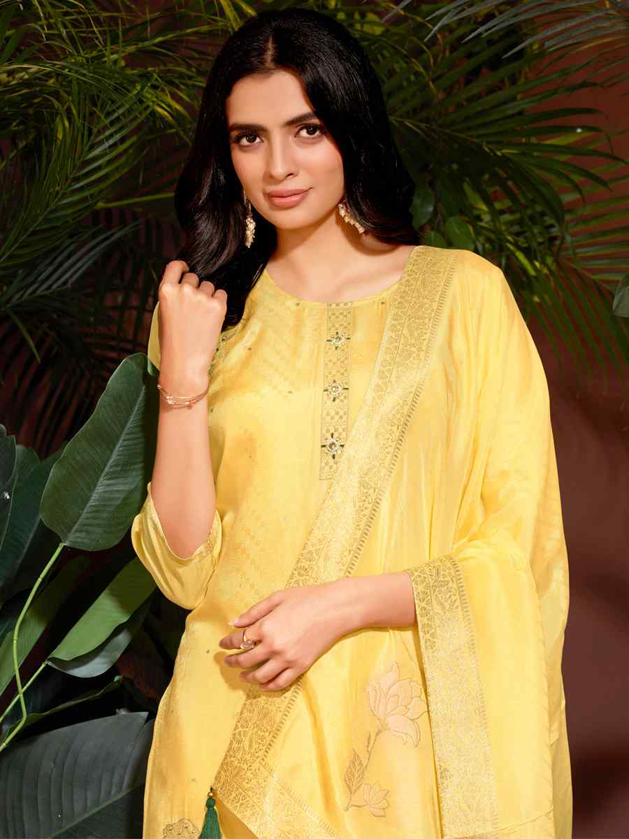 Yellow Natural Viscose Embroidered Festival Mehendi Ready Pant Salwar Kameez