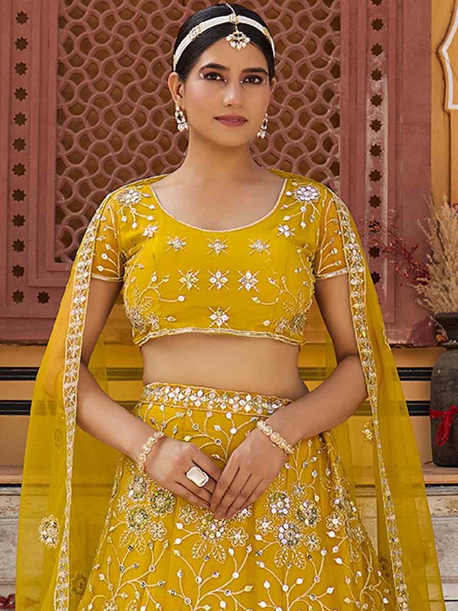 Yellow Net Embroidered Bridesmaid Wedding Heavy Border Lehenga Choli