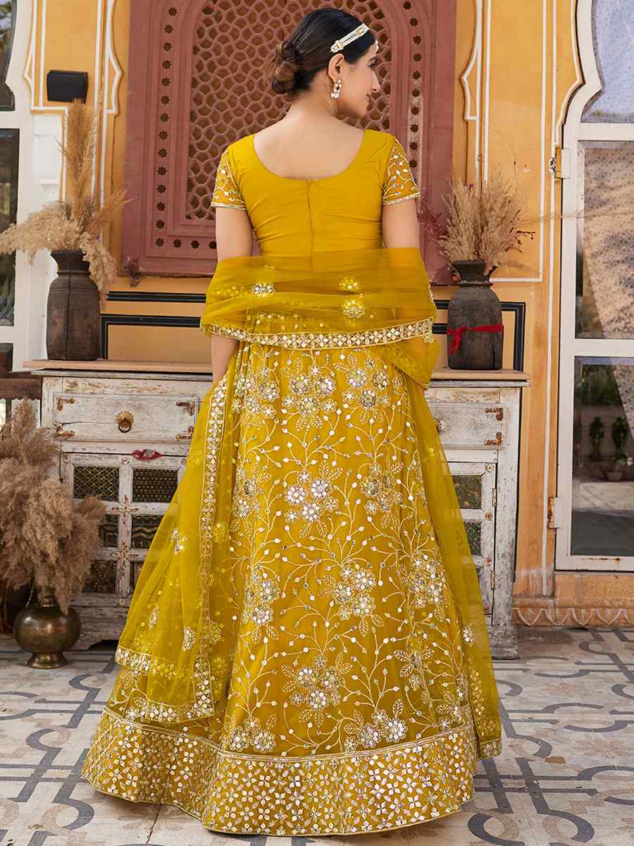 Yellow Net Embroidered Bridesmaid Wedding Heavy Border Lehenga Choli