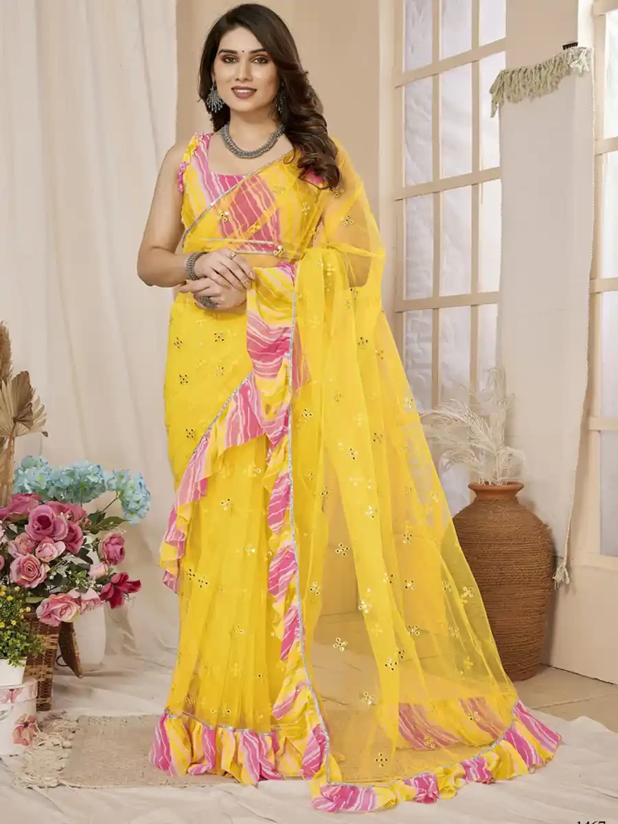 Yellow Net Printed Festival Party Contemporary Saree