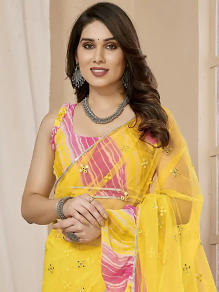 Yellow Net Printed Festival Party Contemporary Saree