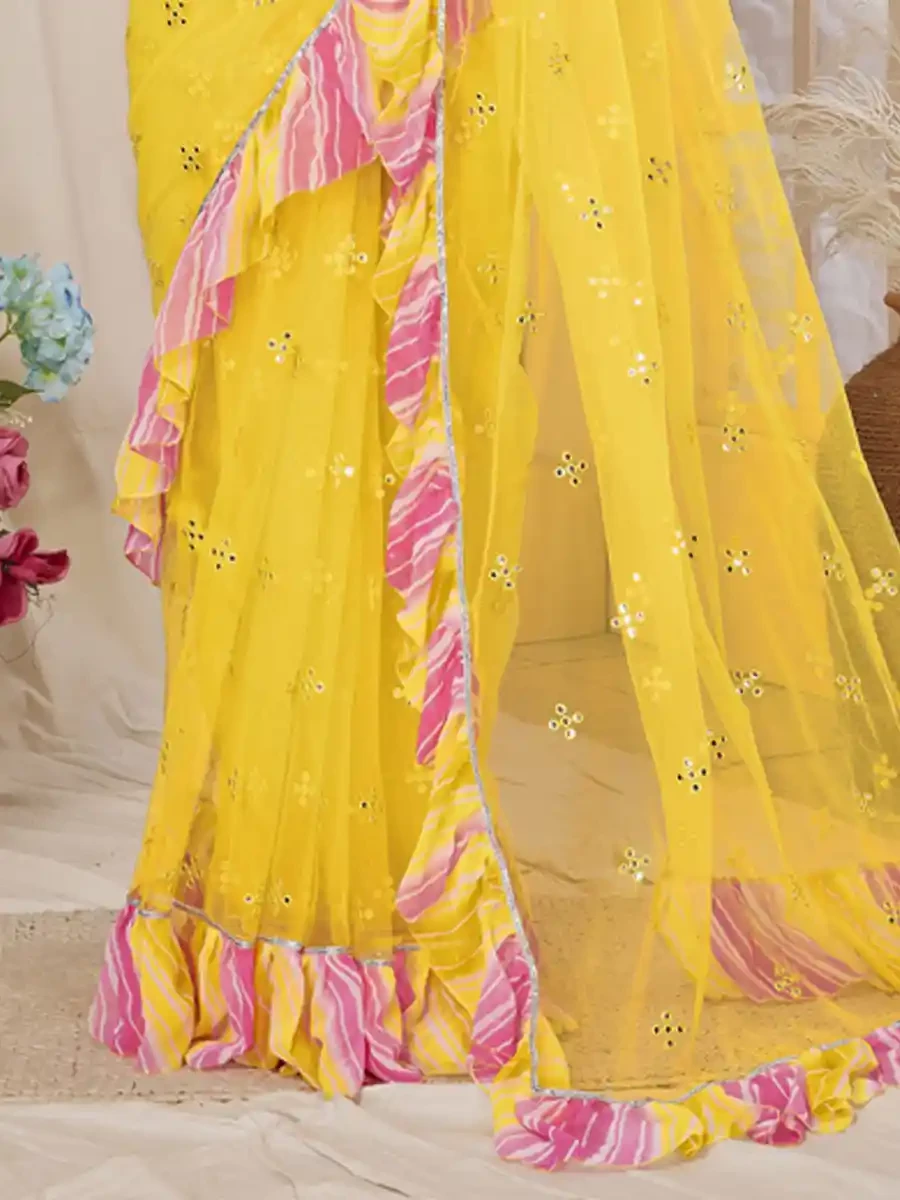 Yellow Net Printed Festival Party Contemporary Saree