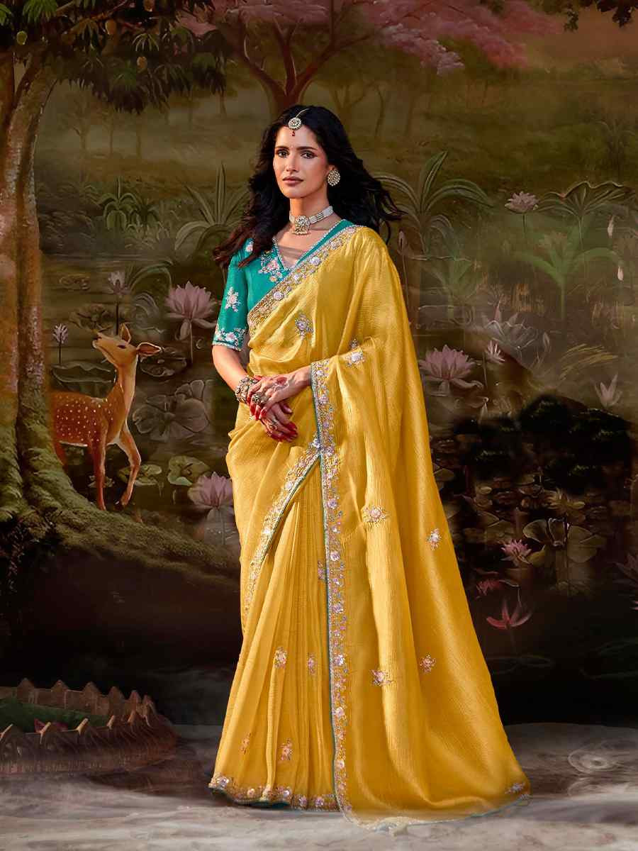 Yellow Organza Chiffon Embroidered Reception Party Heavy Border Saree