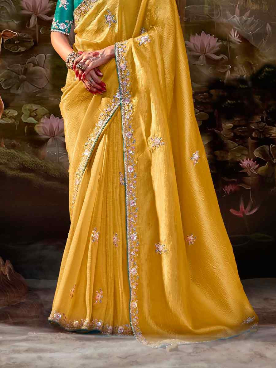 Yellow Organza Chiffon Embroidered Reception Party Heavy Border Saree