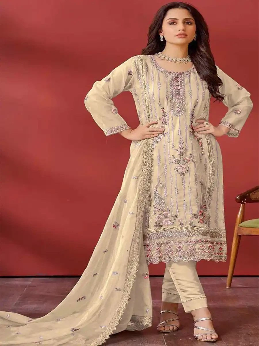 Yellow Organza Embroidered Festival Casual Pant Salwar Kameez