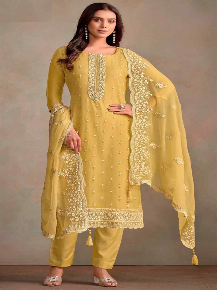 Yellow Organza Embroidered Festival Wedding Pant Salwar Kameez
