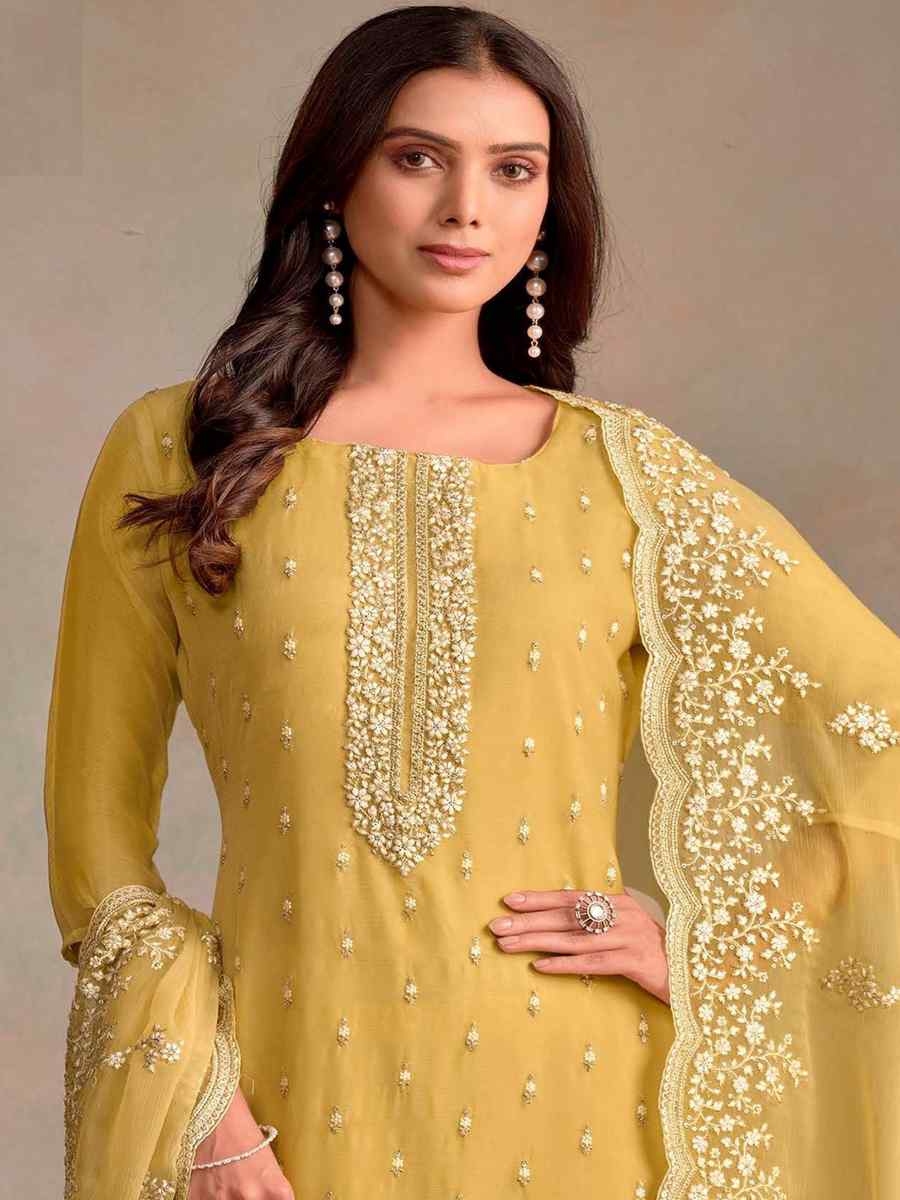 Yellow Organza Embroidered Festival Wedding Pant Salwar Kameez