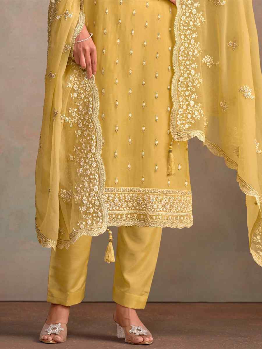 Yellow Organza Embroidered Festival Wedding Pant Salwar Kameez