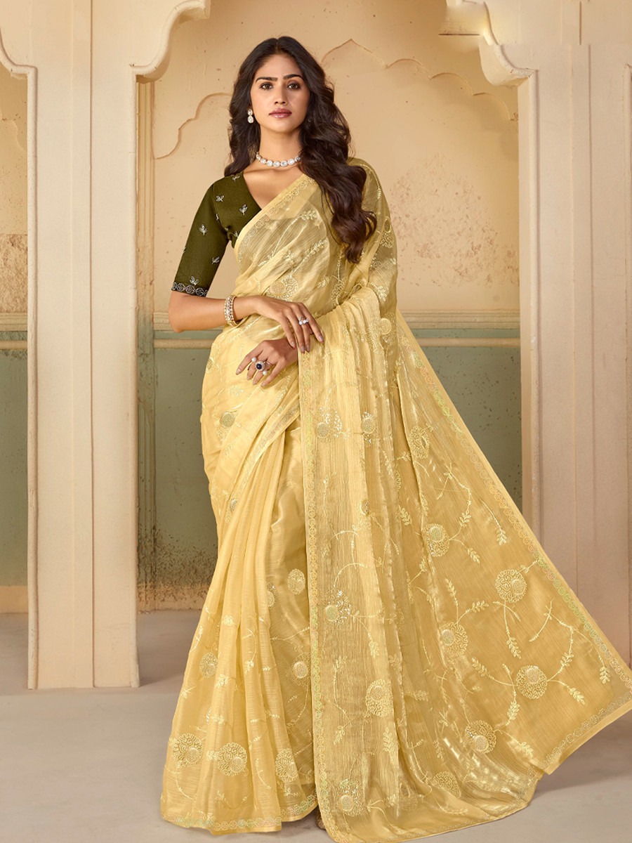 Yellow Organza Embroidered Reception Party Heavy Border Saree