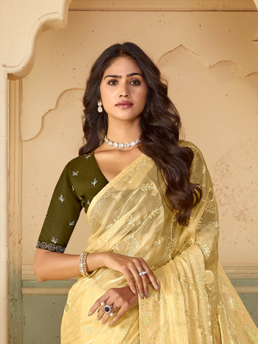 Yellow Organza Embroidered Reception Party Heavy Border Saree