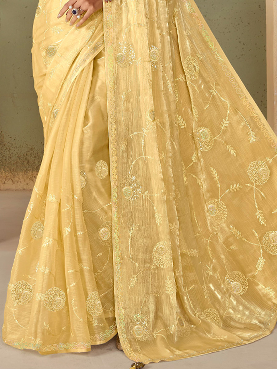 Yellow Organza Embroidered Reception Party Heavy Border Saree