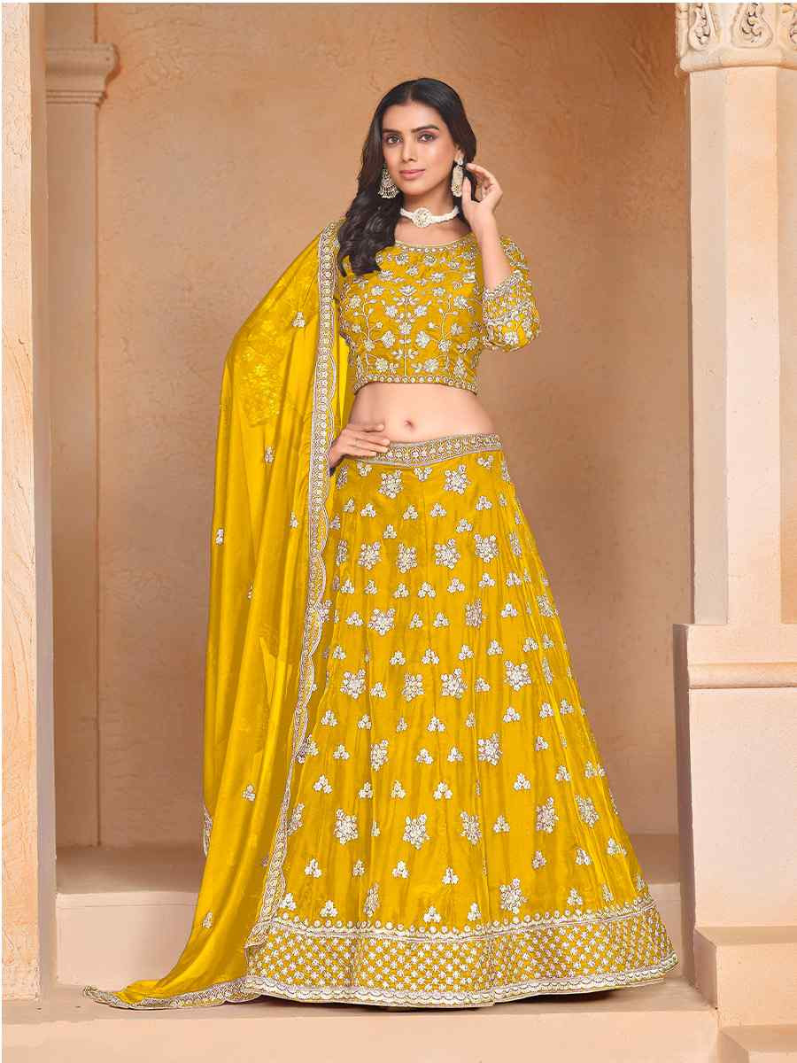 Yellow Organza Embroidered Wedding Bridesmaid Heavy Border Lehenga Choli