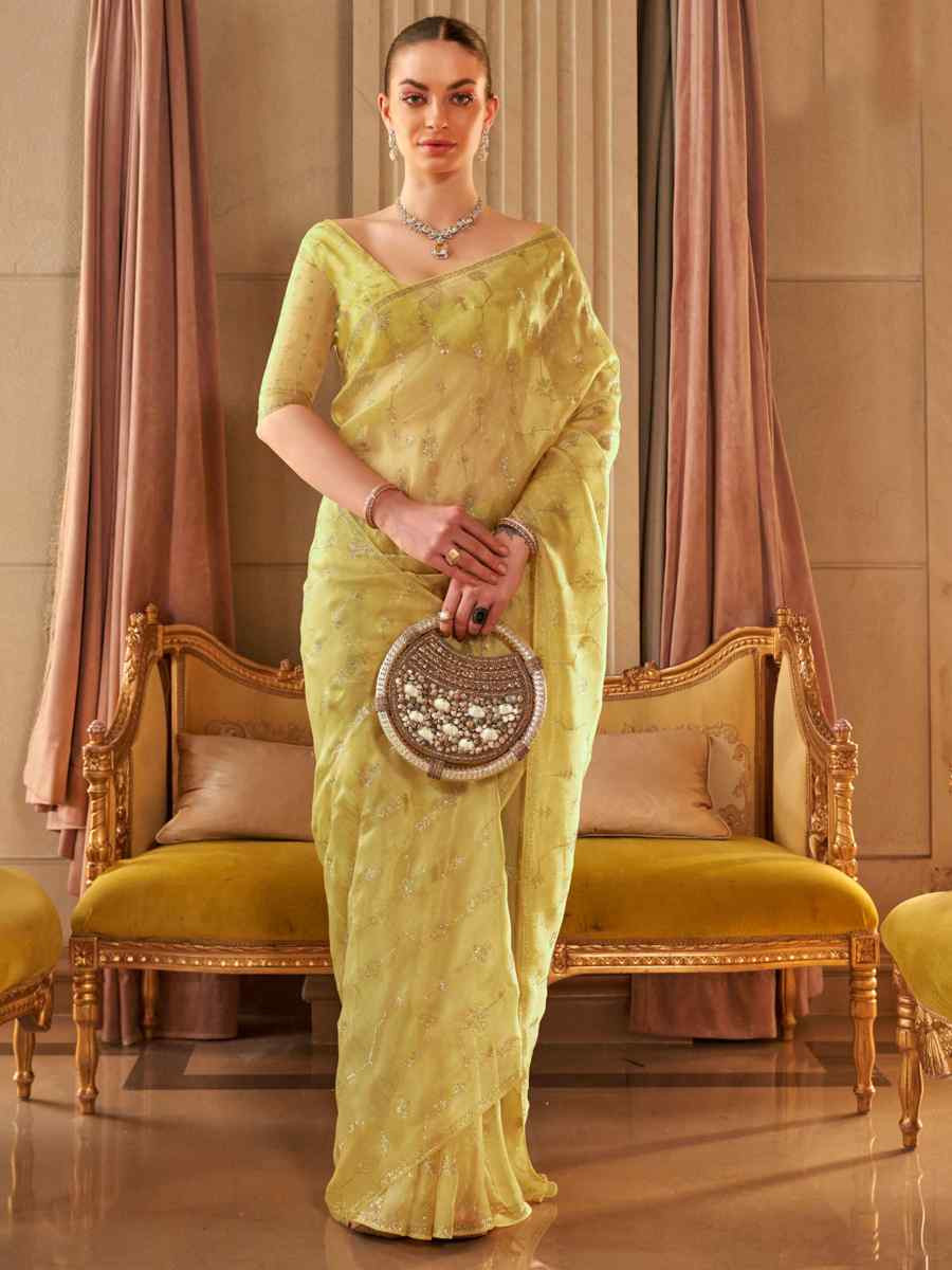 Yellow Organza Handwoven Festival Wedding Heavy Border Saree