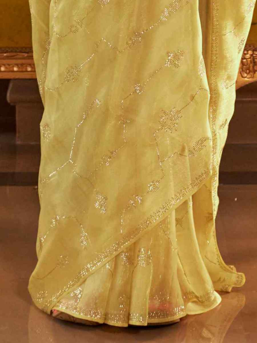 Yellow Organza Handwoven Festival Wedding Heavy Border Saree