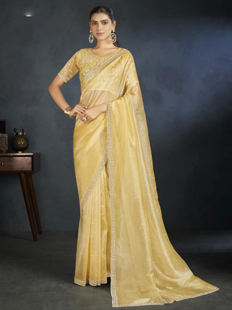 Yellow Organza Handwoven Festival Wedding Heavy Border Saree