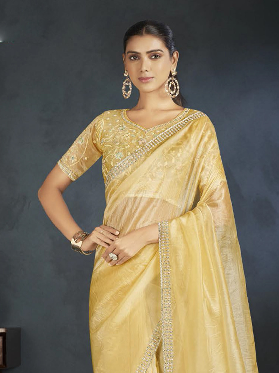 Yellow Organza Handwoven Festival Wedding Heavy Border Saree