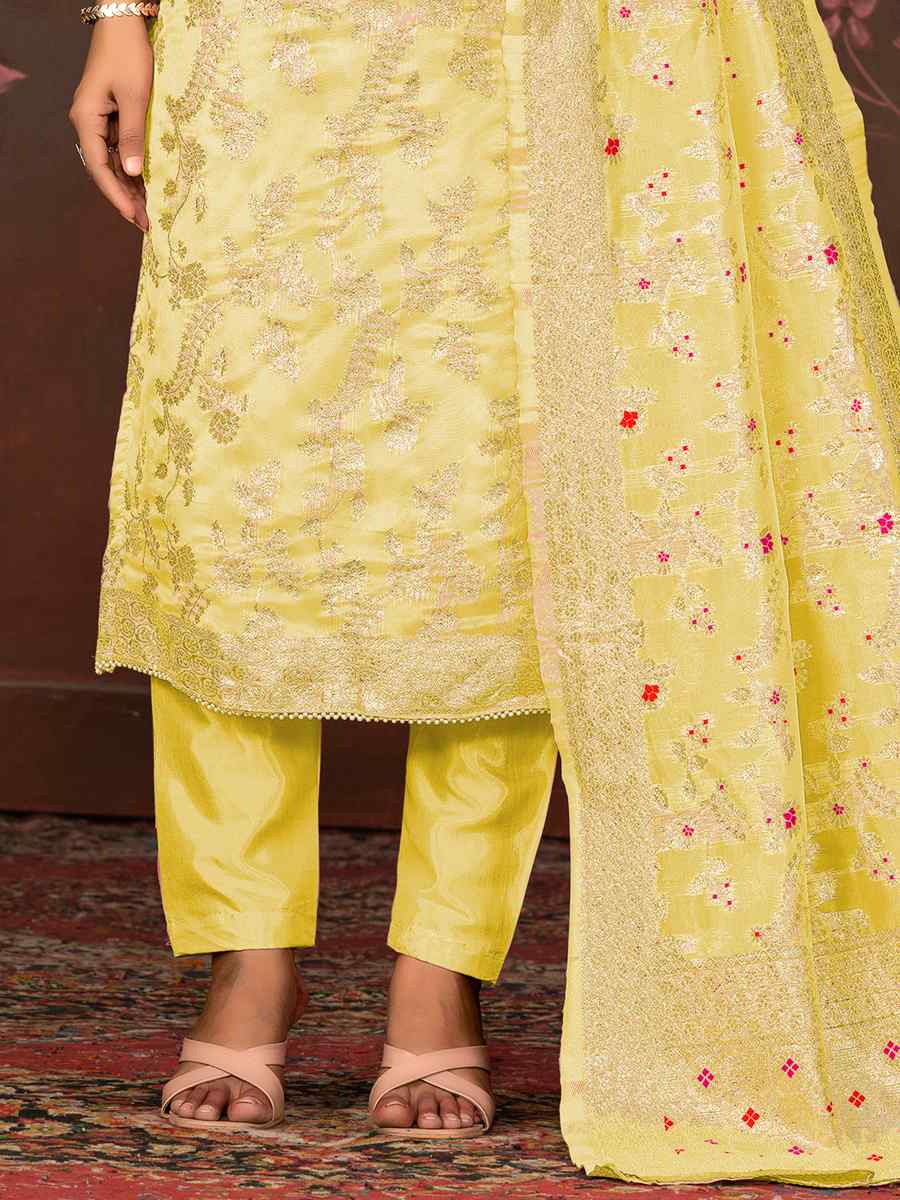 Yellow Organza Jacquard Embroidered Casual Festival Pant Salwar Kameez