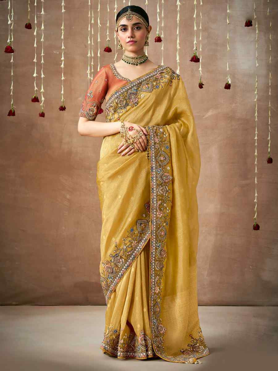 Yellow Organza Silk Embroidered Reception Wedding Heavy Border Saree