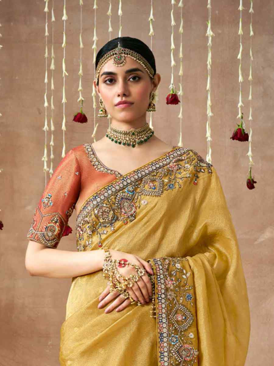 Yellow Organza Silk Embroidered Reception Wedding Heavy Border Saree