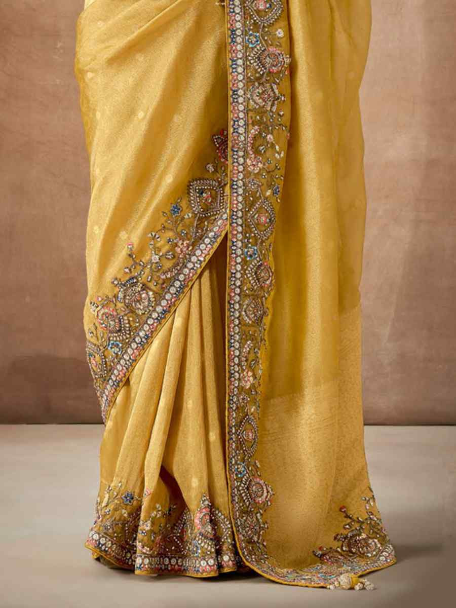 Yellow Organza Silk Embroidered Reception Wedding Heavy Border Saree