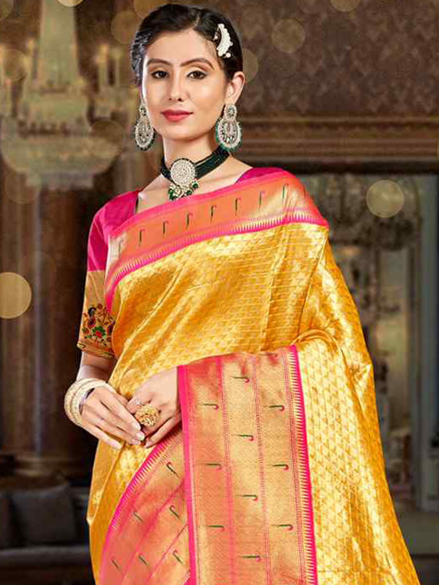 Yellow Paithani Silk Handwoven Wedding Festival Heavy Border Saree