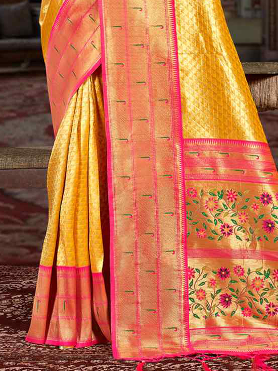 Yellow Paithani Silk Handwoven Wedding Festival Heavy Border Saree