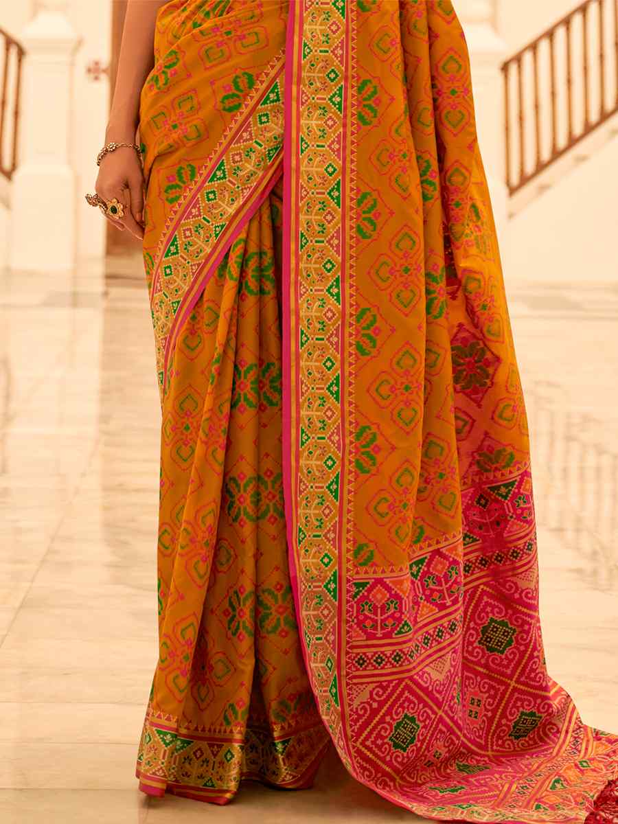 Yellow Patola Banarasi Silk Handwoven Wedding Festival Heavy Border Saree