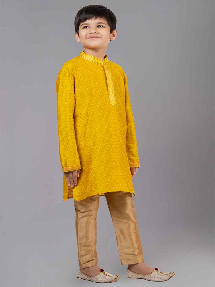 Yellow Polyester Cotton  Embroidered Festival Traditional Kurta Pyjama Boys Wear