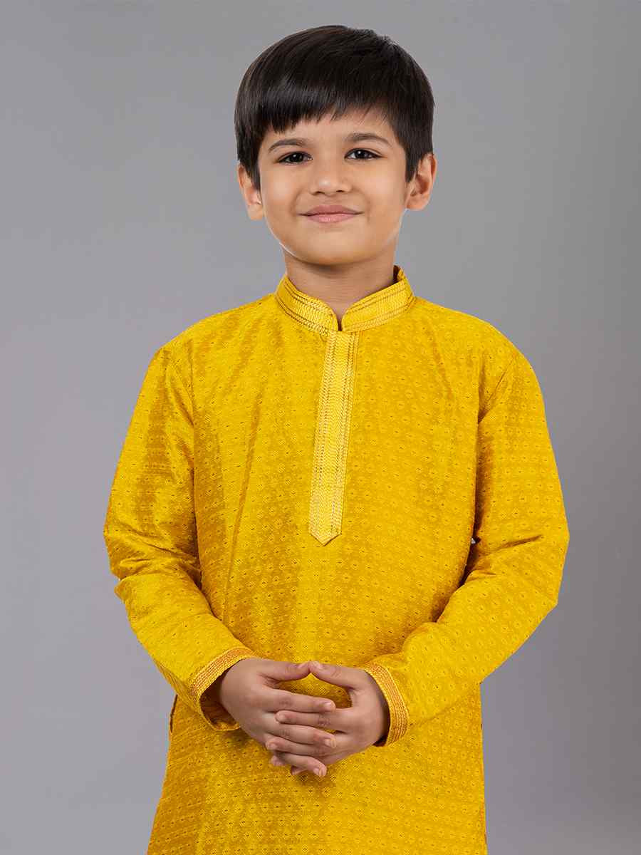 Yellow Polyester Cotton  Embroidered Festival Traditional Kurta Pyjama Boys Wear