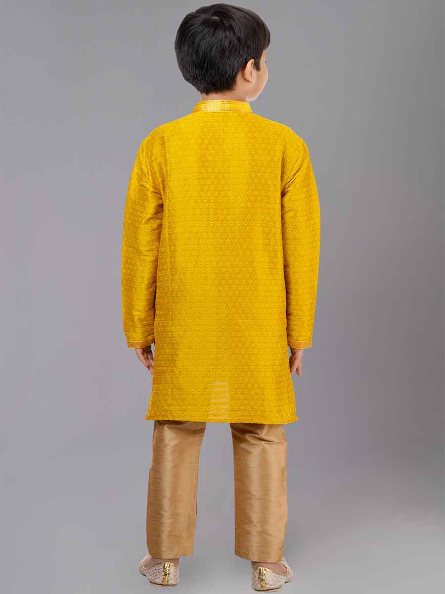 Yellow Polyester Cotton  Embroidered Festival Traditional Kurta Pyjama Boys Wear