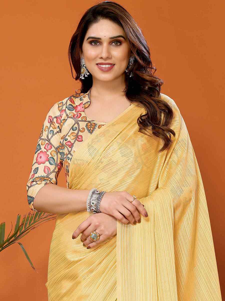 Yellow Polyester Silk Handwoven Festival Casual Classic Style Saree