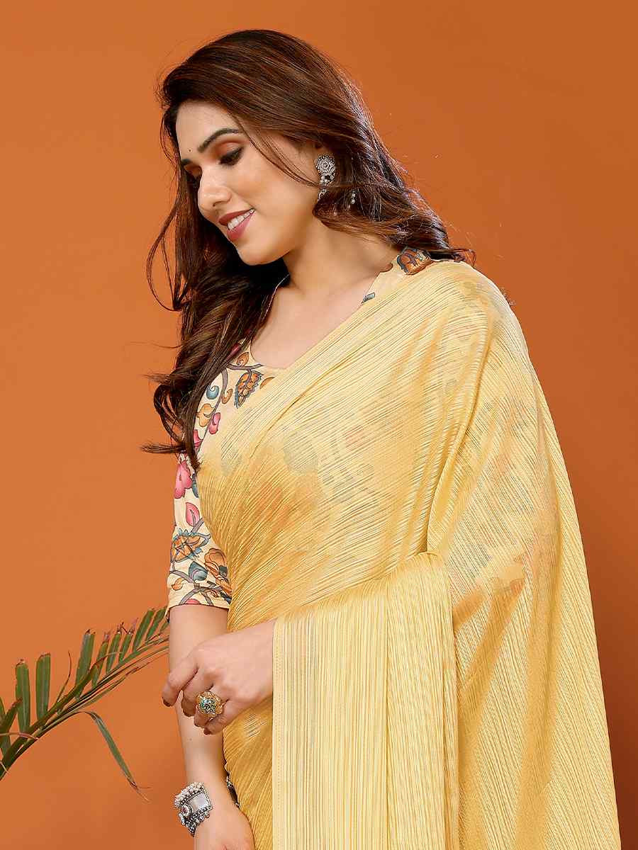 Yellow Polyster Printed Festival Party Contemporary Saree