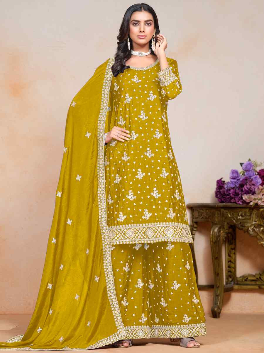 Yellow Premium Fiber Chinon Embroidered Festival Wedding Ready Sharara Pant Salwar Kameez