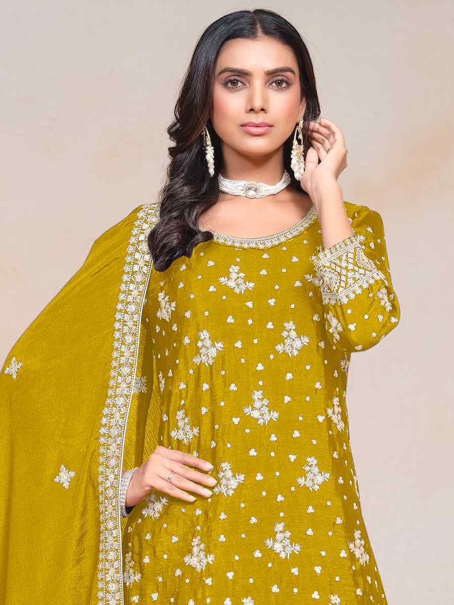 Yellow Premium Fiber Chinon Embroidered Festival Wedding Ready Sharara Pant Salwar Kameez