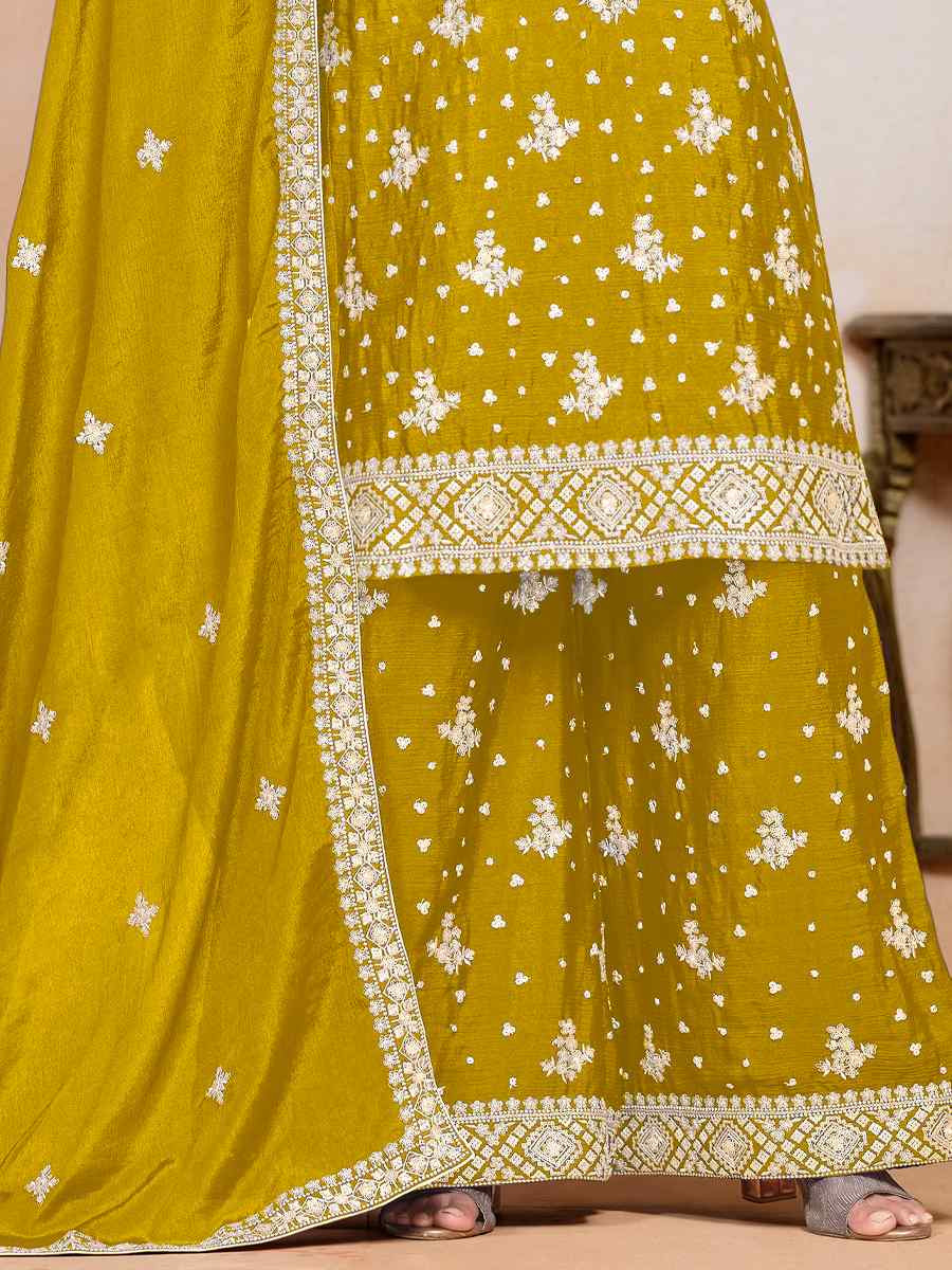 Yellow Premium Fiber Chinon Embroidered Festival Wedding Ready Sharara Pant Salwar Kameez