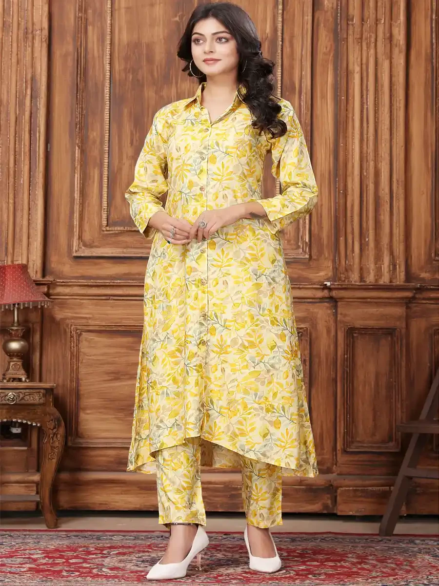 Yellow Premium Rayon Printed Festival Casual Gown