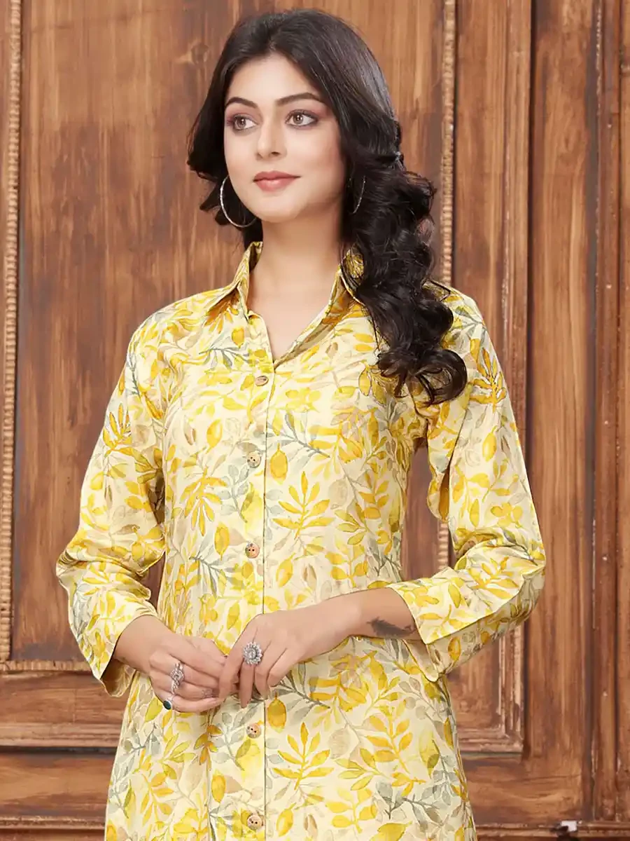 Yellow Premium Rayon Printed Festival Casual Gown